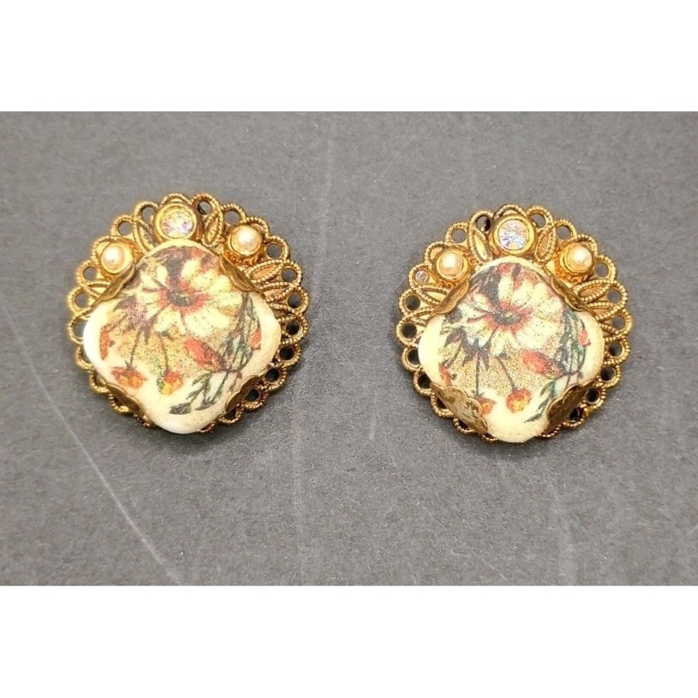 Vintage West Germany Clip On Earrings Floral Cabochon Filigree Gold Tone